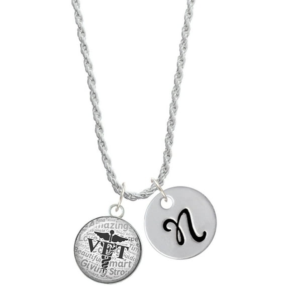 Delight Jewelry Silvertone Domed Black VET Silvertone Script Initial Disc - N - Charm Necklace, 20"+3"