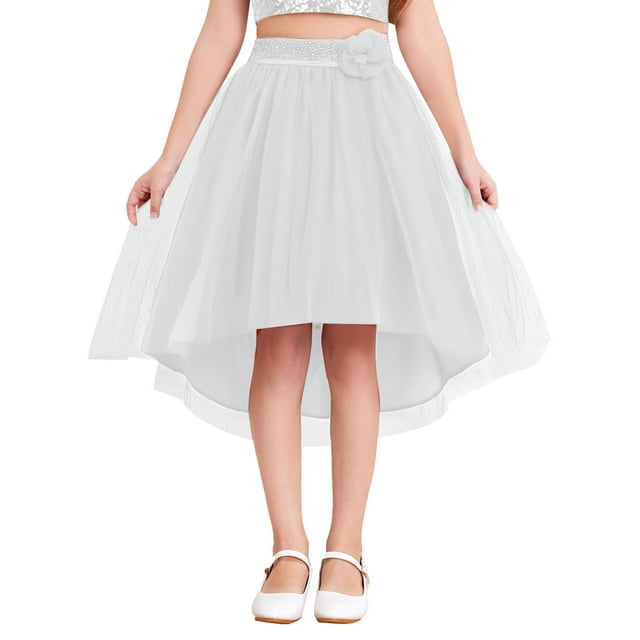 Alvivi Kids Girls Sparkly Irregular Hem Tulle Skirt Rhinestone Flower Decor Tutu Skirt for Pageant Prom Party White 16