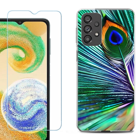 Shockproof Fashion Phone Case for Samsung Galaxy A23 5G, with Tempered Glass Screen Protector, by OneToughShield ® - Peacock Feather