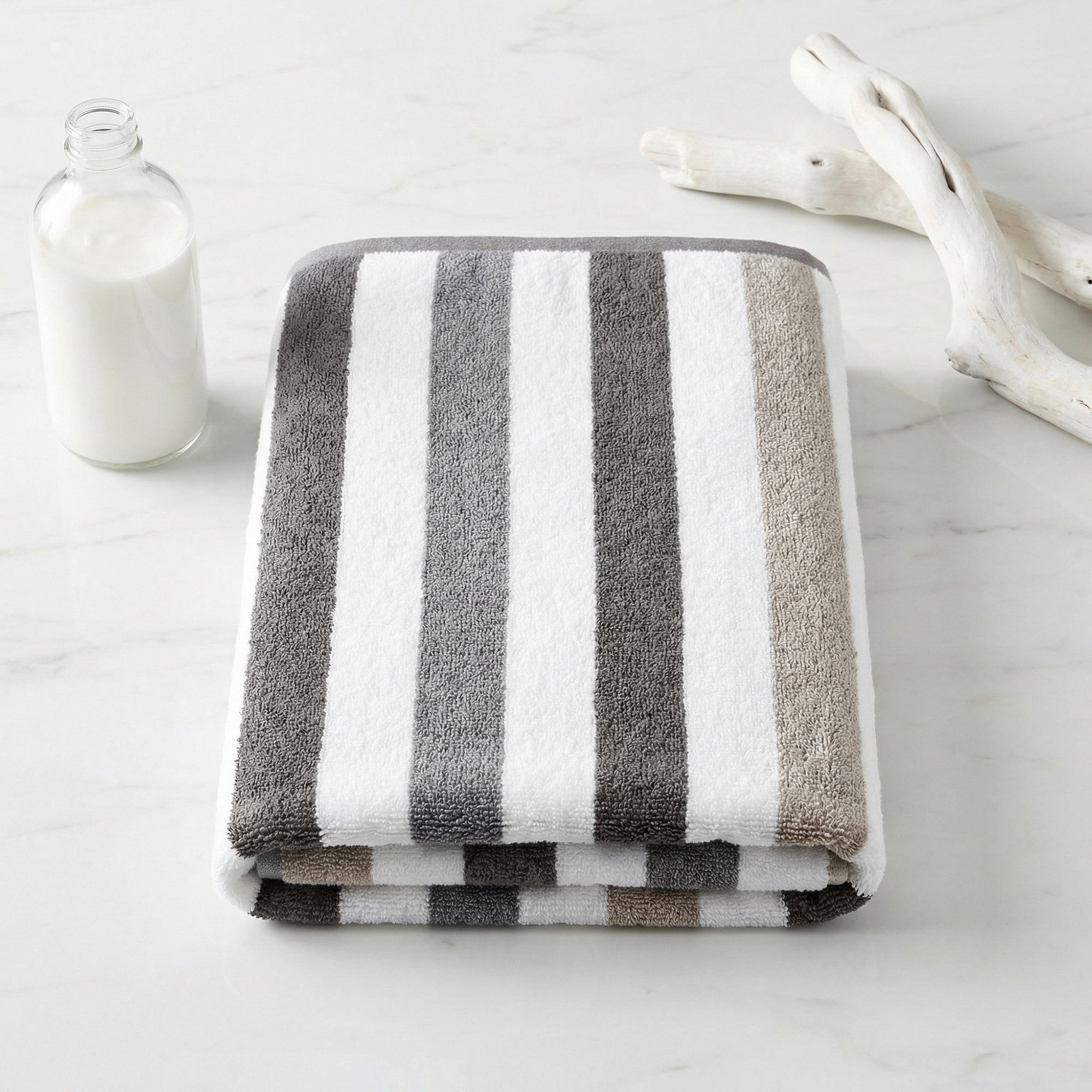 Unique Bargains Absorbent Stripe Soft Cotton Towel 2 Pack Grey 55"x28"