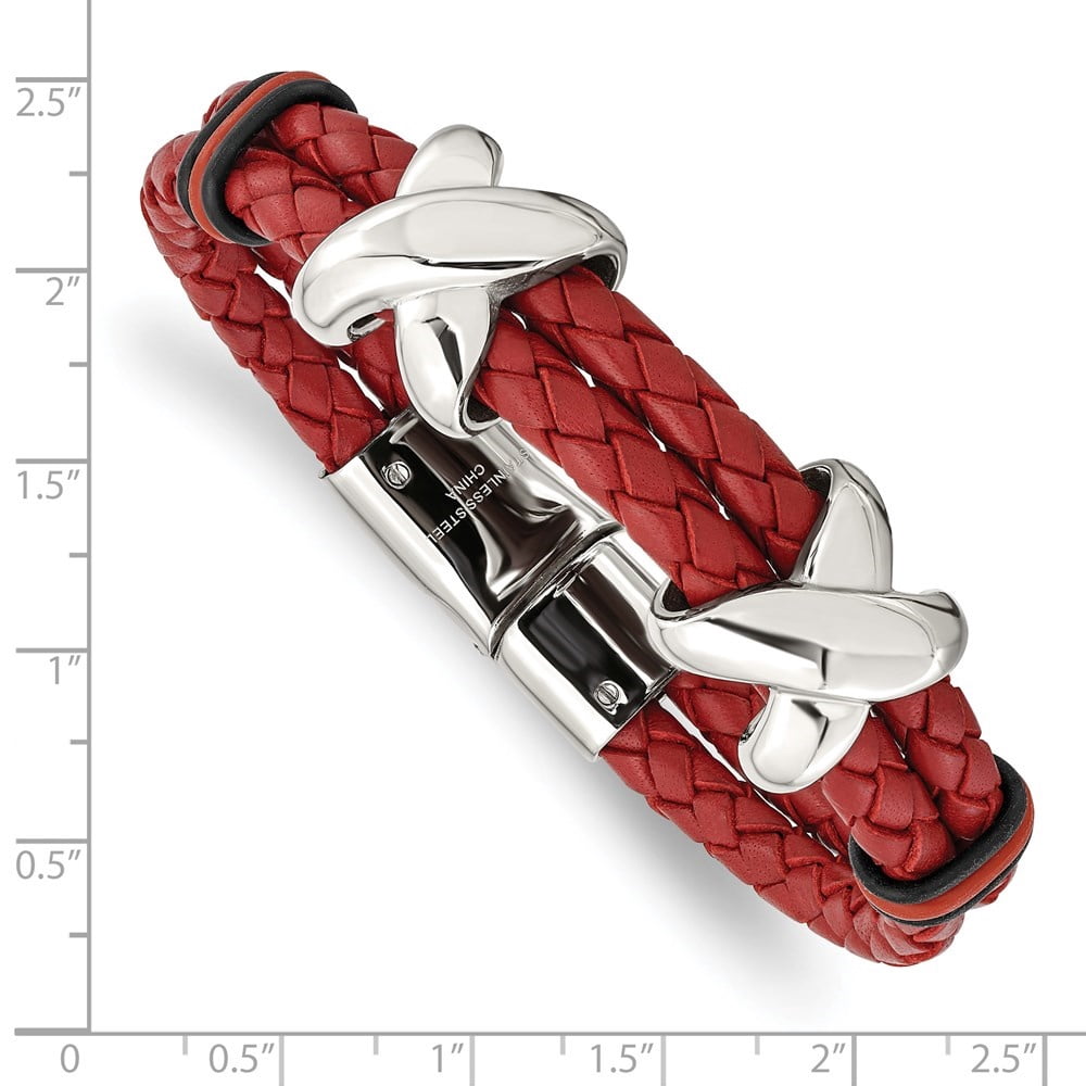 Diamond2Deal Stainless Steel Polished Red Leather and Black Rubber Bracelet for Men 8"