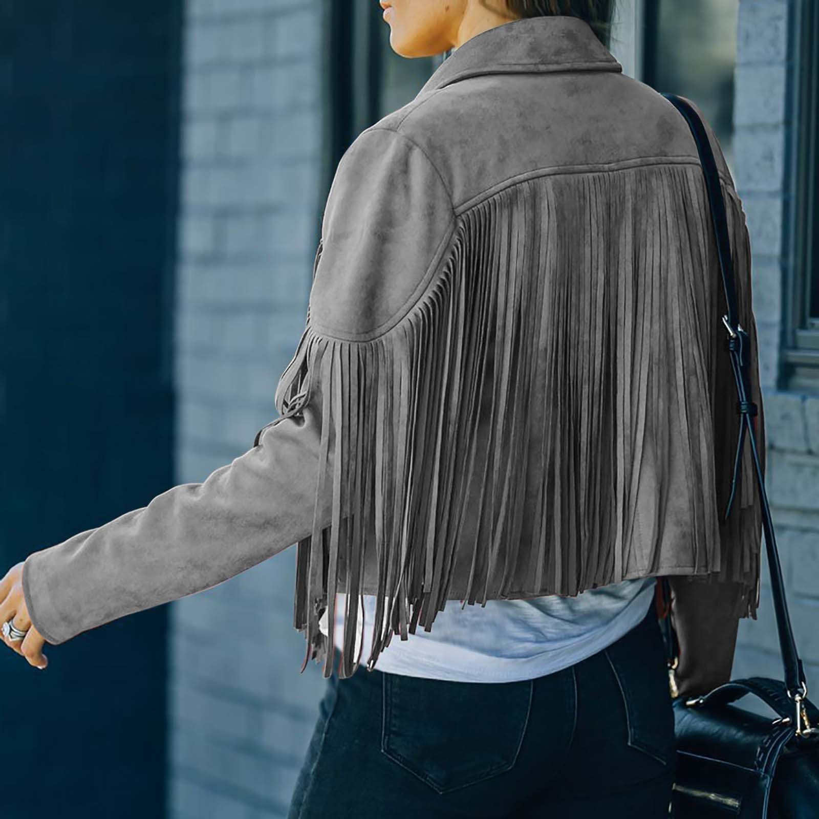 Women Vintage Faux Suede Tassel Cropped Jacket Long Sleeve Fringe Leather Coat Hippie Motorcycle Biker Jackets Tops - image 5 of 9