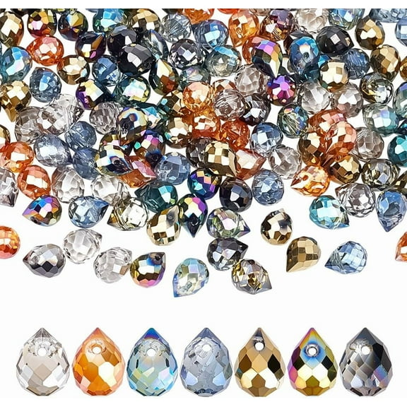 140Pcs 7 Colors Clear Teardrop Glass Beads 8mm Faceted Water Drop Craft Bead Suncatcher Bead Bulk Top Drilled Beads