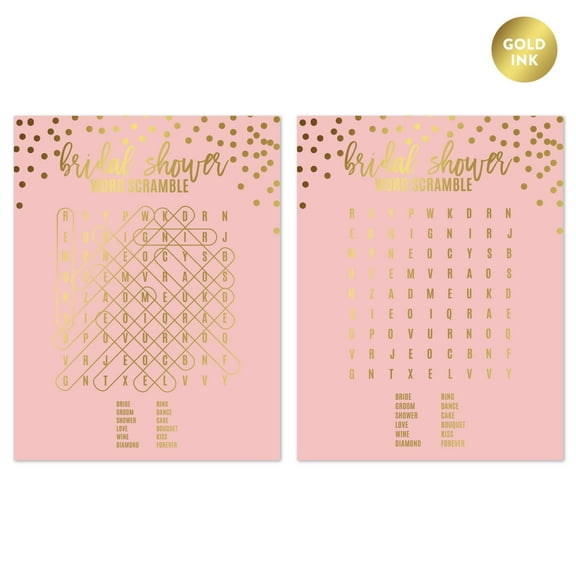 Blush Pink and Metallic Gold Confetti Polka Dots, Word Search Bridal Shower Game Cards, 20-Pack