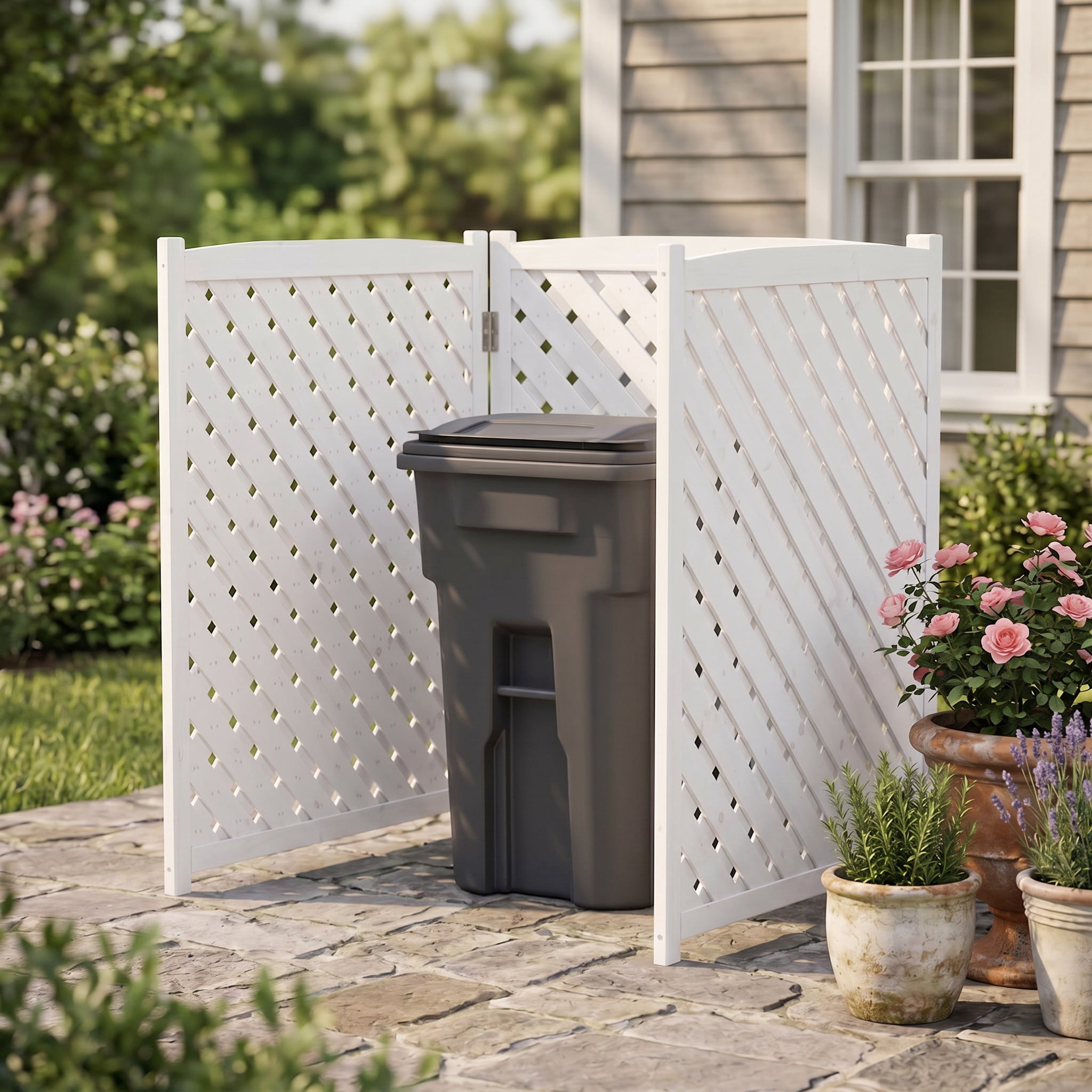 Outdoor Wood Privacy Fence 3-Panel 32W x 38H, Solid Wood Air Conditioner Screen with Slat Spacing for AC Unit Trash Can Pool Pump Enclosure, White