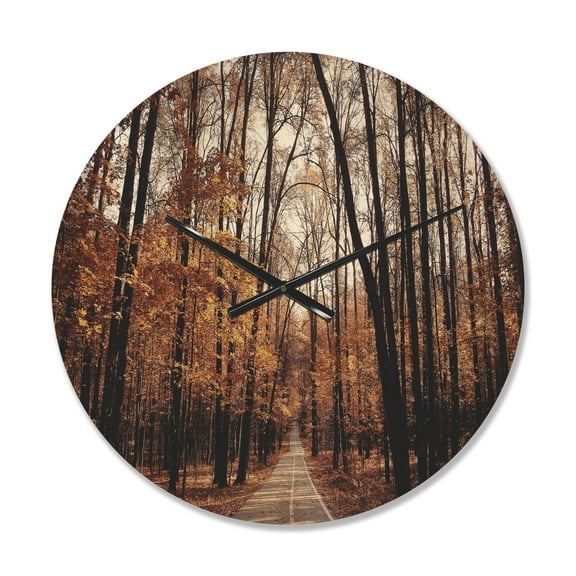 Designart 'Road in Golden Autumn Forest ' Modern Wood Wall Clock