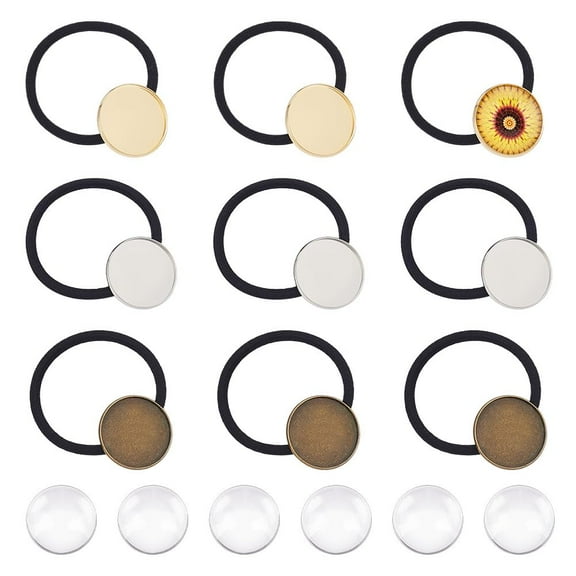 36pcs Blank Hair Ties Settings Glass Cabochons Frame Tray Hair Bands Hair Ties with Glass Domes Brass Bezel Blanks Tray for DIY Craft Mixed Color