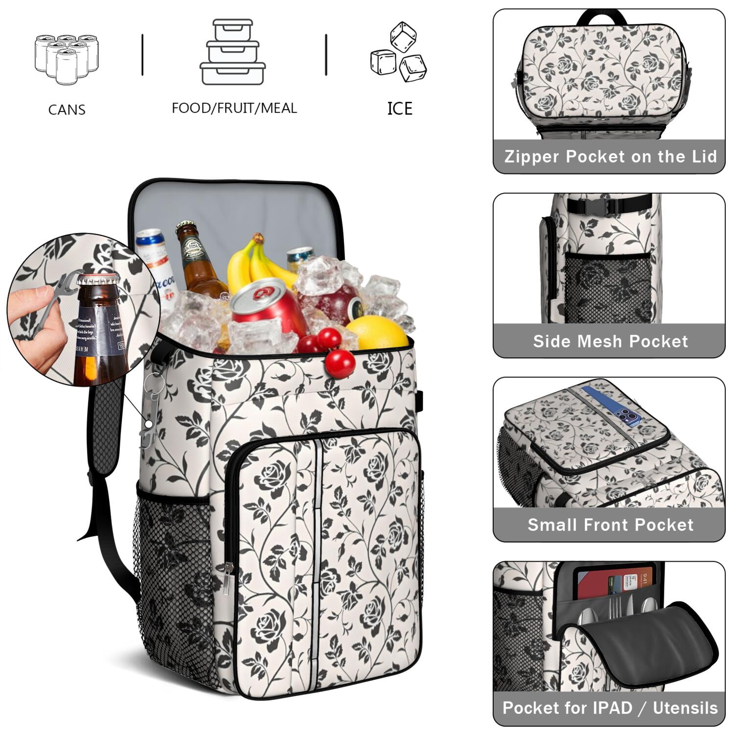 Travel Cooler Bag - Pioneer Flower Floral Print Pattern Camping Beer Cooler Backpack with Bottle Opener- Waterproof Insulated Picnic Backpacks - Cooler Bag for Beach