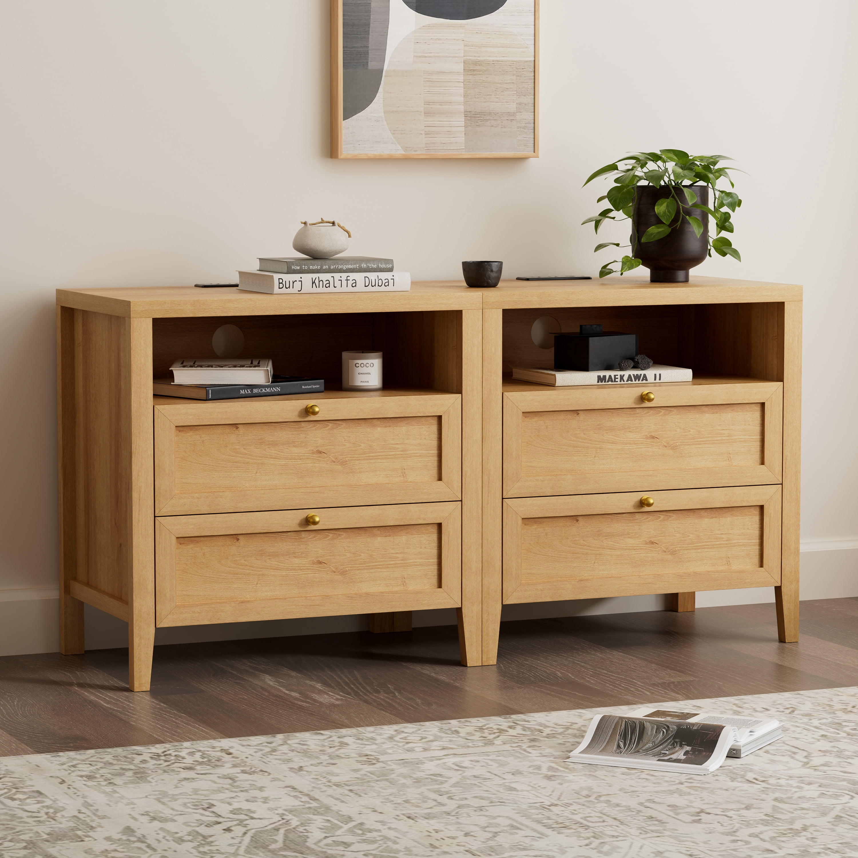 EYYTHUNG Modern Nightstand with 2 Drawers Wooden End Table with Charging Station Farmhouse Night Stand Bedside Side Table with Storage Open Shelf, Natural Oak
