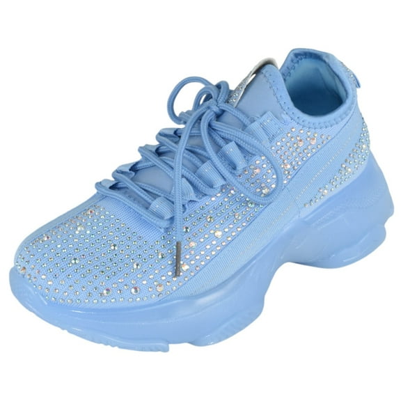 La Sheelah Flat Women Lace-Up Platform Sneakers Comfortable Sport Walking Running Shoes Rhinestone Bling Studs Anti-Slip Resistant HANA-49 Light Blue 6
