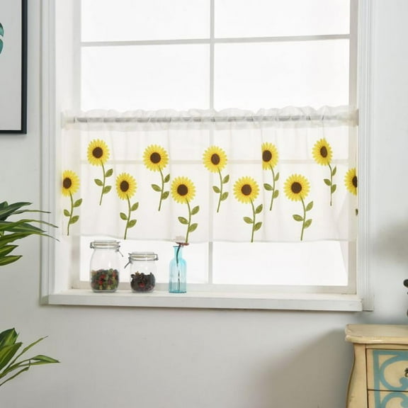 Sunflower Embroidered Sheer Voile, Boho Kitchen Cafe Curtain Valances for Small Window Rod Pocket Tier Curtains One Panel, 19.5"*58.5"