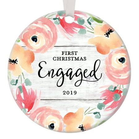 Christmas Gift For Family First Christmas Engaged Ornament 2019 Our 1st Xmas Engagement Party Gift for Couple from Friend or Family Pretty Modern Farmhouse Ceramic 3