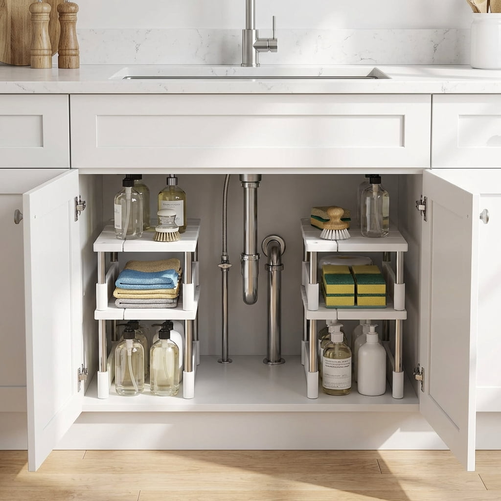Under Sink Storage Rack, Expandable Kitchen & Bathroom Cabinet Organizer - Durable Space-Saving Multi-Layer Pot Holder