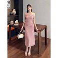 thumbnail image 4 of Pink Off-Shoulder Ruched Slim Fit Midi Dress For Women Elegant Casual Evening Cocktail Dress, 4 of 7