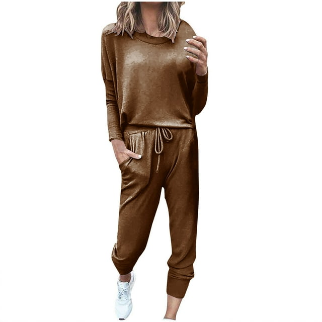 Moocorvic Ensemble de Jogging 2 Pcs pour Femmes, Chandails en Molleton à Col Rond Couleur Unie pour Femmes, Chandail Irrégulier à Manches Longues, Ensemble Confortable de Vêtements de Sport pour Femmes