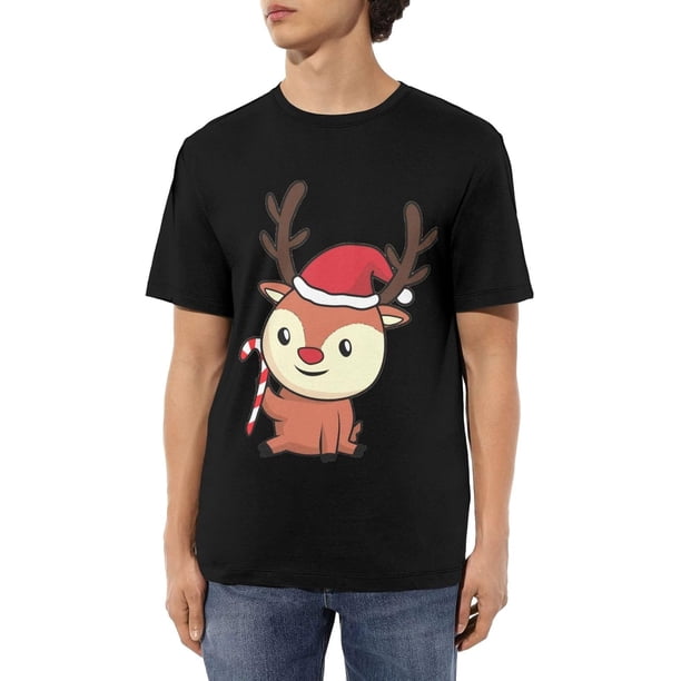 Reindeer Cartoon Cute Merry Christmas Men's Cotton T-Shirts Casual Basic Crew Neck Tshirts Short Sleeve Tee Shirts,