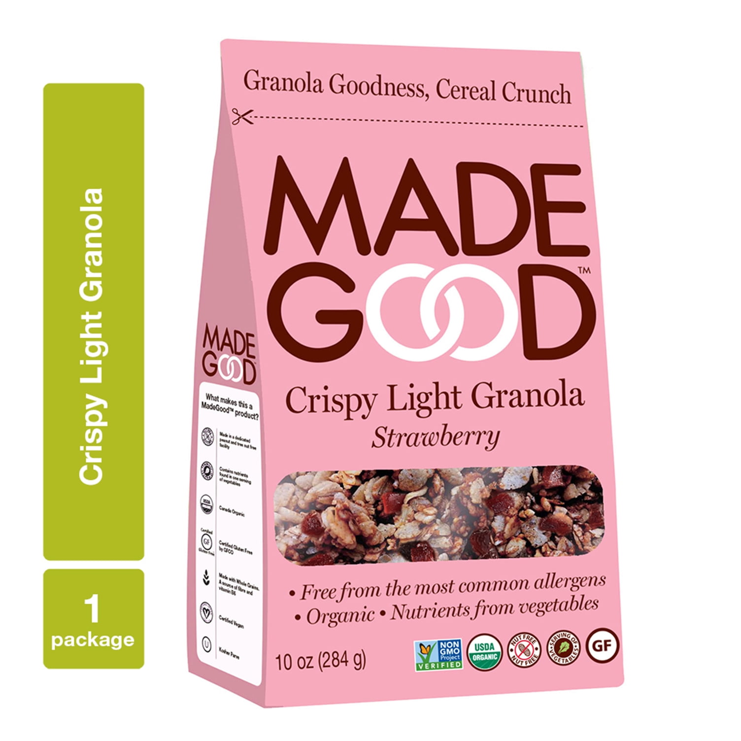 MadeGood, Granola, Gluten Free, Vegan, Strawberry Crispy Light Granola, 10 oz Pouch
