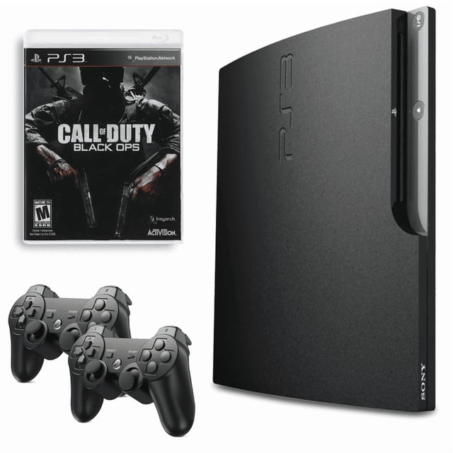Sony Playstation 3 PS3 Console Slim 120GB Black with Call of Duty Black Ops and 2 Retrofam Controllers (Refurbished)