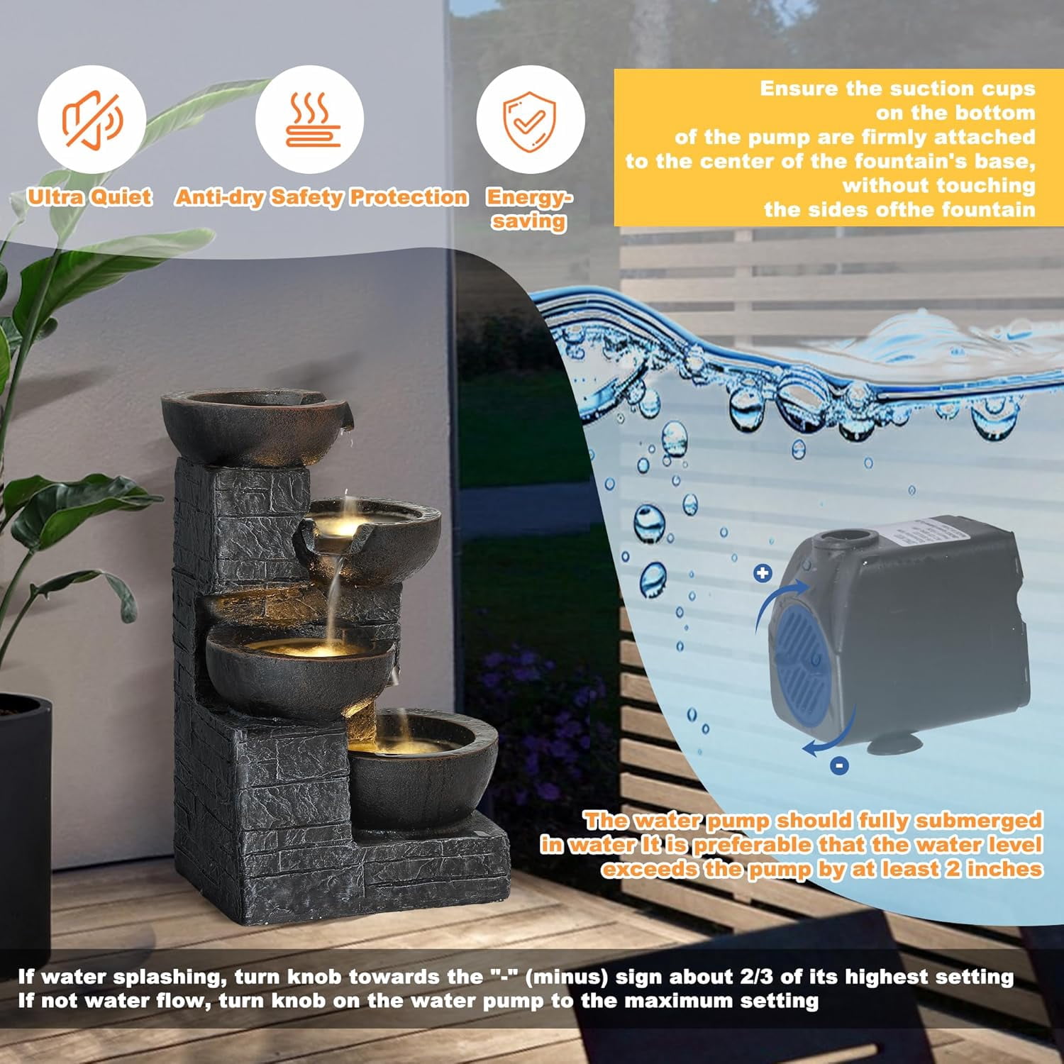 Magic Union Outdoor Water Fountain, 4-Tier Cascading Rock Bowls Waterfall Fountains w/LED Lights for Garden Yard Decor, Indoor Floor-Standing Resin Water Feature for Patio Deck Porch and Home