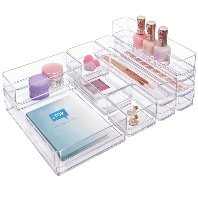 STORi SimpleSort Juego de organizador de cajones transparentes apilables de 10 piezas | Bandejas de varios tamaños | Contenedores de almacenamiento para tocador de maquillaje y divisores de cajones de