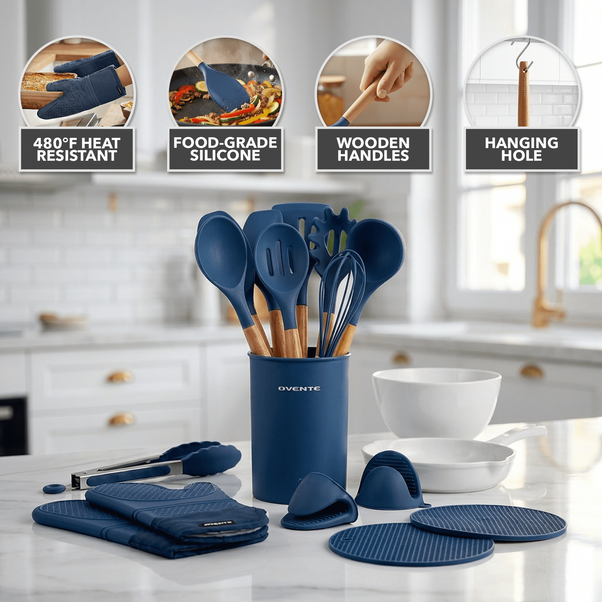 OVENTE Silicone Cooking Utensils Set, 17pcs, Heat Resistant, Blue SPS17BL | Kitchen Tools & Gadgets for Nonstick Cookware, BPA-Free Spatula Set with Wooden Handle, Cup Holder, Oven Gloves & Hot Pads