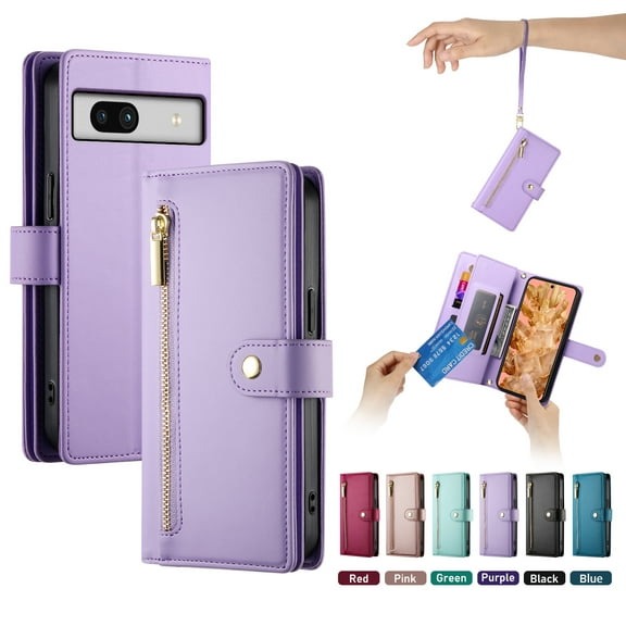 Allytechgroup Wallet Case for Google Pixel 9 Pro XL, 9 Cards Holder Zipper Pocket Hand Wrist Shockproof Stand Flip Cover RFID Blocking Phone Case for Pixel 9 Pro XL, Purple