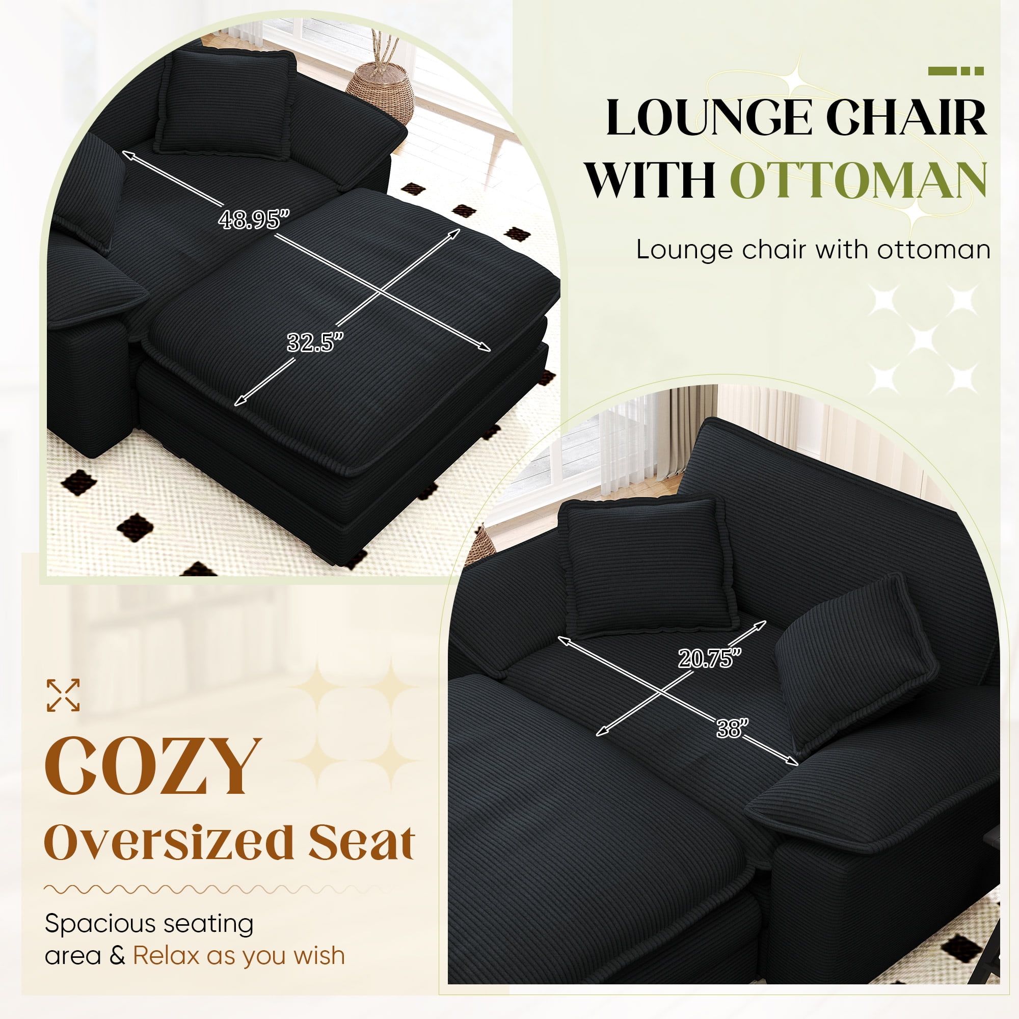 Lunale Oversized Lounge Chair & Ottoman Set - 48" Cloud Corduroy Accent Armchair for Modern Living/Bedroom, Black Corduroy