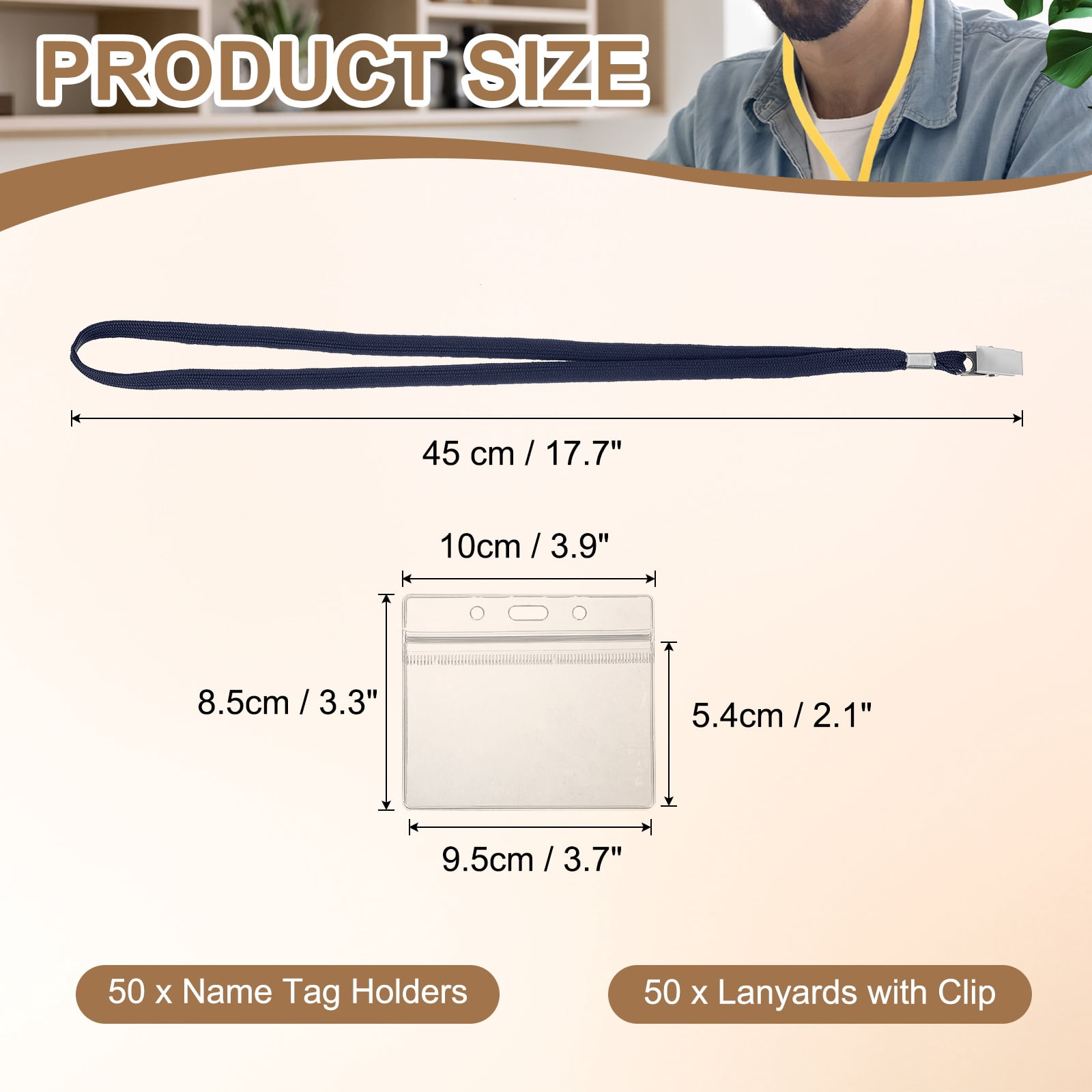 Uxcell 50 Set Name Tag Holders with Lanyard, Plastic Waterproof Horizontal Badge Holder with Alligator Clip Lanyards for ID Badges Office Teacher Events Meetings, Navy(4x2 Inch)