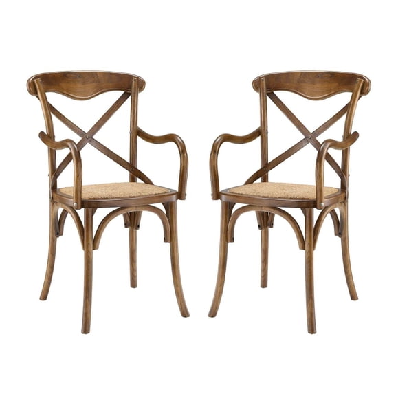 Maklaine 18.5" Modern Rattan and Wood Dining Armchair in Walnut (Set of 2)