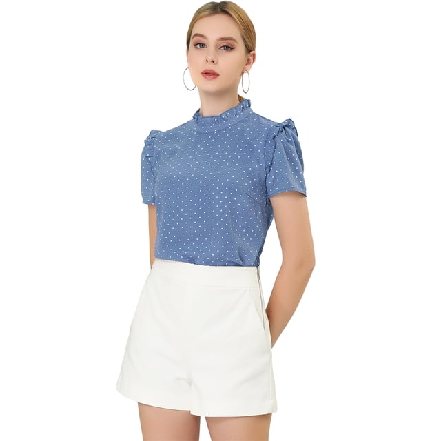 INSPIRE CHIC Blusa Tops De Lunares Volante Fruncido Manga Corta Cuello Alto Para Mujeres Azul XS