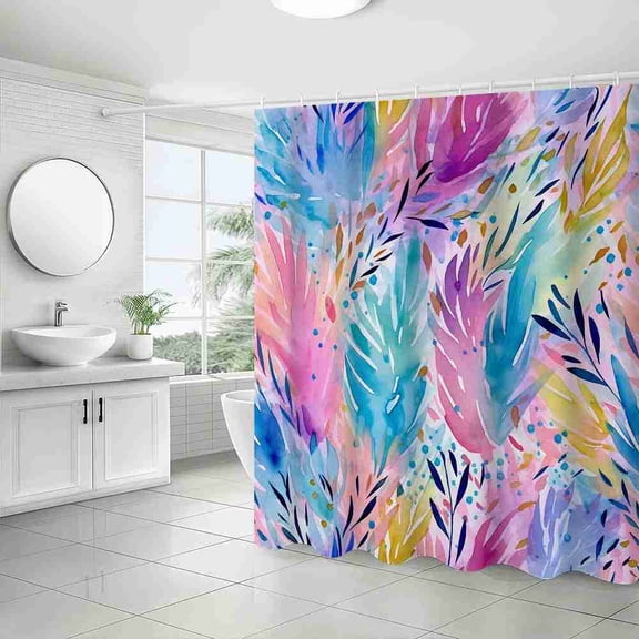 70x70 inch Colorful Pink Blue Watercolor Tropical Leaves Shower Curtain, Waterproof Polyester Fabric with Hooks for Bathroom Decor
