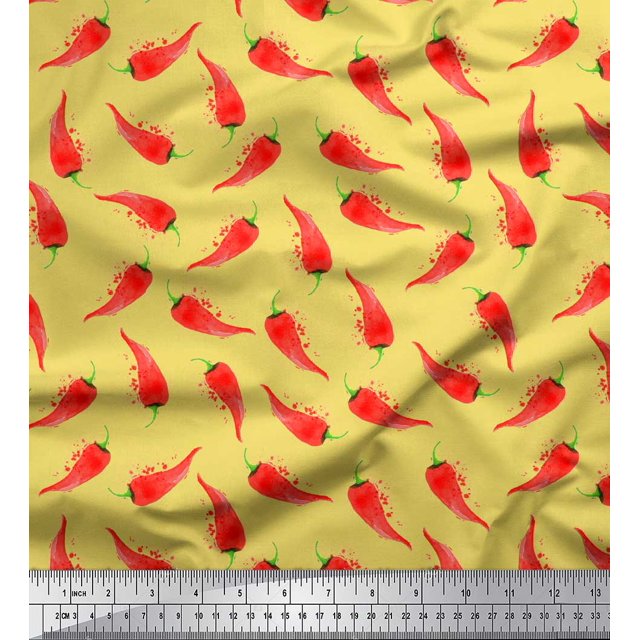 Soimoi Yellow Heavy Satin Fabric Chilli Vegetable Print Fabric by Yard 56 Inch Wide