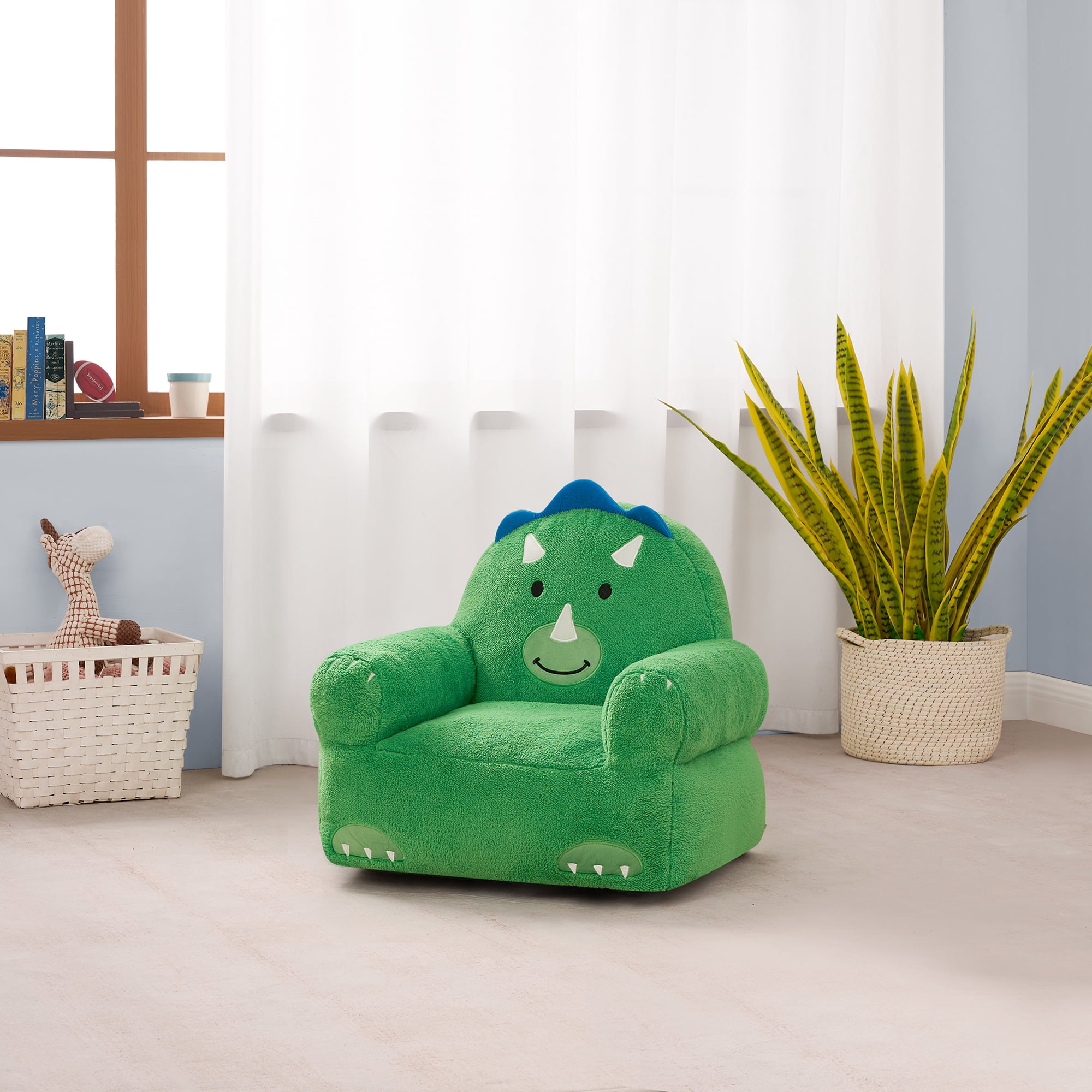 Lounge & Co Kids Dino Large Foam Filled Bean Bag Chair, Green Plush, 25" W x 20" D x 23" H