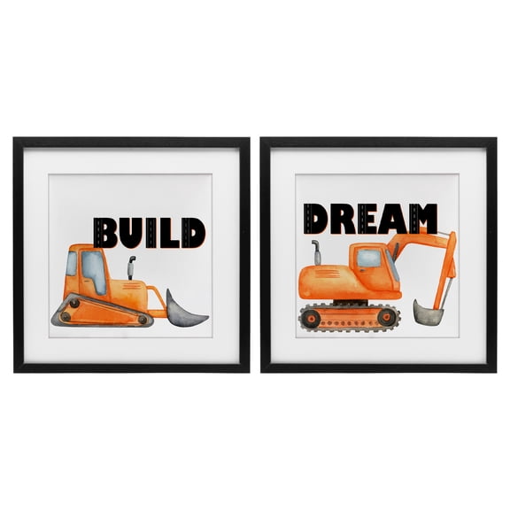 Build & Dream Construction Vehicles 2 Piece Black Framed Print Under Glass Set, design by Kim Allen
