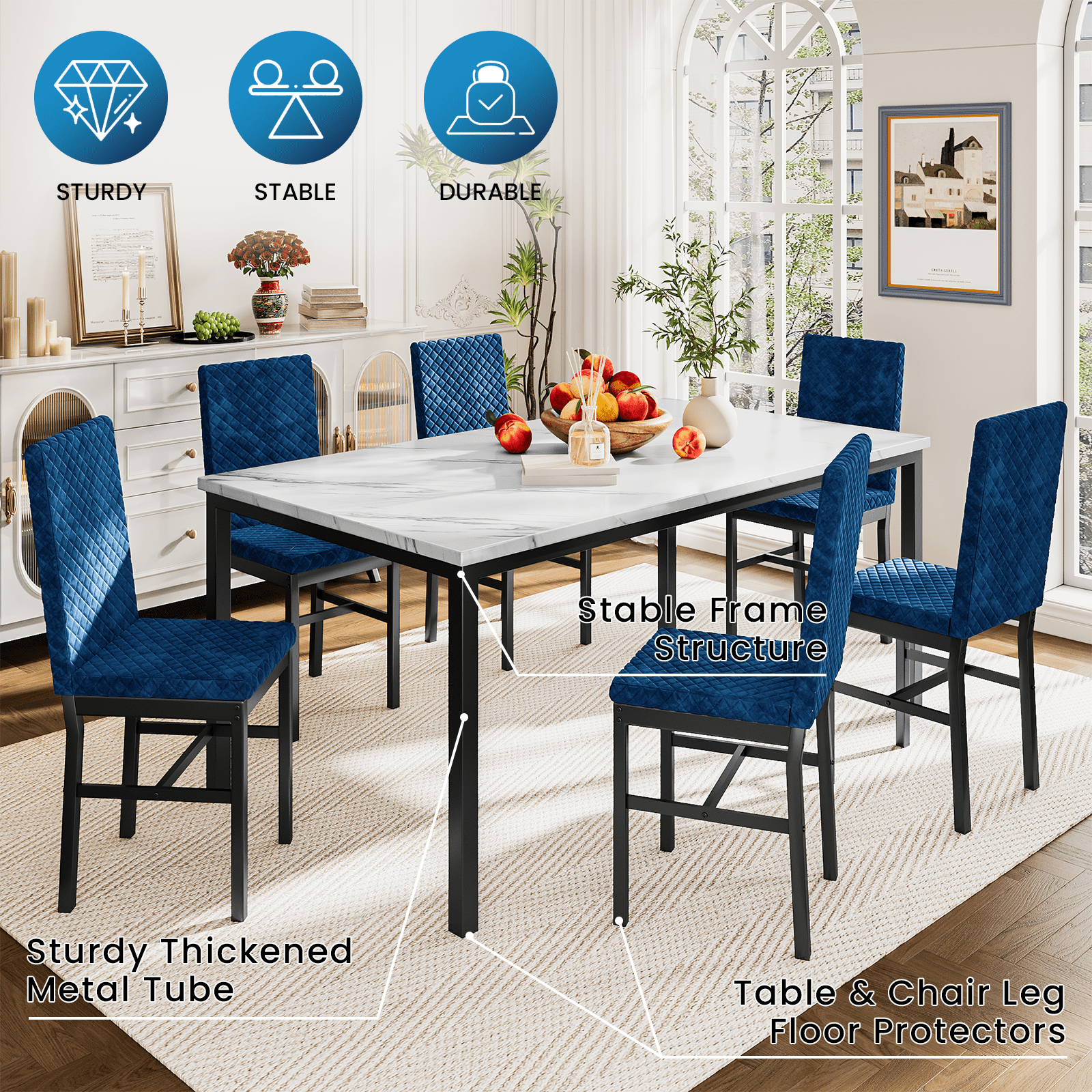 Recaceik Modern 7 Piece Dining Room Faux Marble Velvet Chairs Sets for 6, Blue