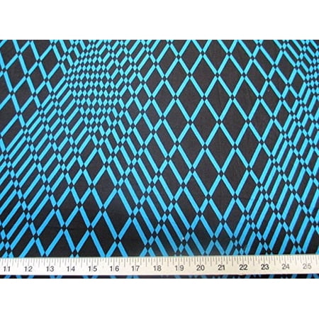 Discount Fabric Printed Spandex Stretch Turquoise & Black Geometric Diamonds B200