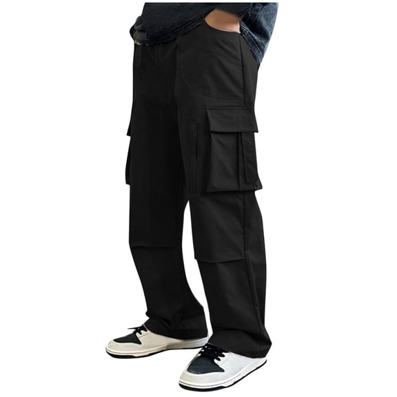 Simua Men's Solid Color Elastic Waist Cargo Pants | Drawstring Straight Leg Multi-Pocket Polyester Trousers for Outdoor Casual All Season Wear