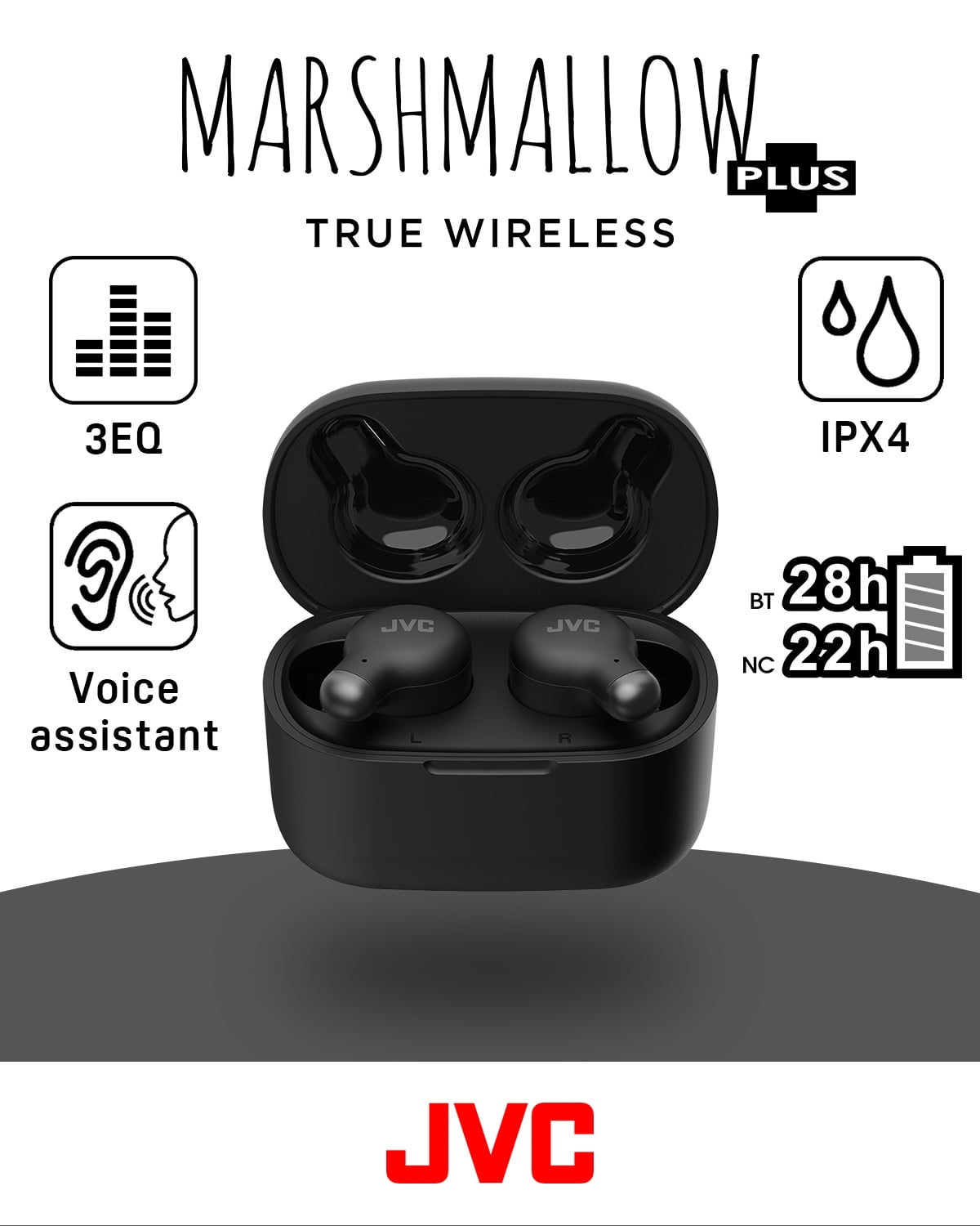 JVC Active Noise Cancelling True Wireless Earbuds - Bluetooth 5.3 with ANC - Comfortable Fit with S/M/L Silicon & Memory Foam Earpieces - IPX4 Water Resistant - 28 Hrs Playback - Compact Charging Cas