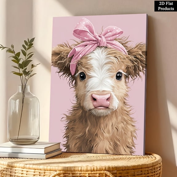 Wallume Store Pink Bow Baby Cow Portrait Canvas Wall Art - Affordable Cheerful Home Decor