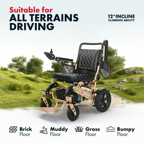 Rubicon DX14 Electric Wheelchair, Foldable Lightweight Power Chair with Dual 12AH Lithium Batteries, 2x300W Motors, 30 Mile Range, Airline Approved, Leather Cushion, Bronze