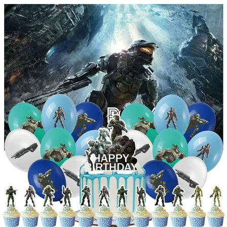 30 Pcs For Halo Theme Birthday Party Decorations,With 5*3ft Birthday Backdrop Decorations,16 Balloons,13 Cupcake Toppers for decorative supplies set