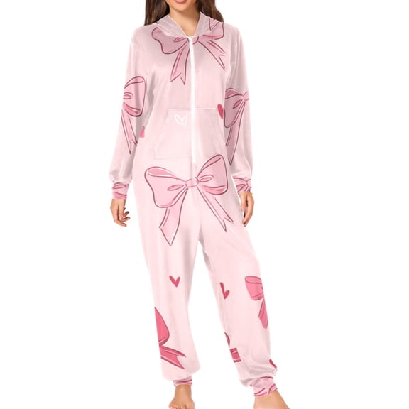 Valentine Hand Drawn Hearts Bows Adult's Hoodie Onesie Jumpsuit One-Piece Pajamas with Zipper Unisex for Holiday S
