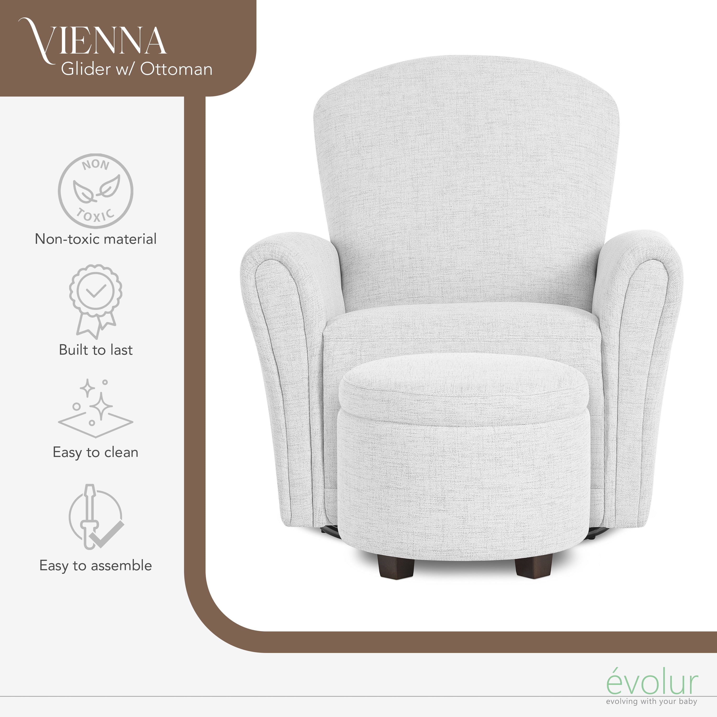 Evolur Vienna Swivel Glider with Ottoman, Greenguard Gold Certified, Made from Sturdy and Sustainable FSC-Certified Wood, Fog