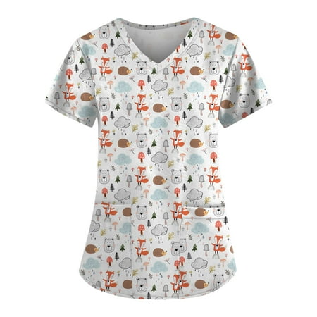 

XHJUN Scrub Tops Women V-Neck Workwear T Shirts Short Sleeve Lightweight Shirts Shirts with Two Pockets White XXL