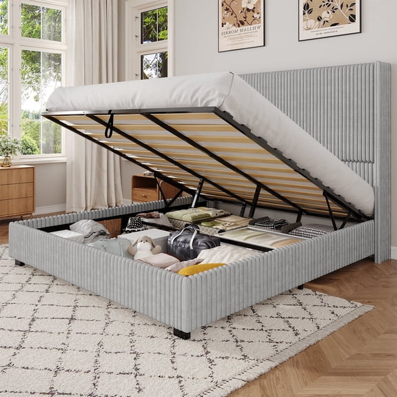 King Size Lift Up Storage Bed Frame with 51" Tall Headboard, Hydraulic Storage, 2 USB Ports, Corduroy Upholstered Wingback Headboard, No Box Spring Needed, Noise-Free Platform Bed in Light Grey