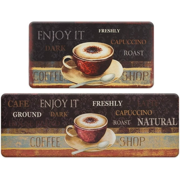 Coffee Kitchen Rug Set 2 Pieces, Cushioned Anti-Fatigue Kitchen Floor Mats Waterproof Easy to Clean Comfort Standing Kitchen Mat Chef Mat