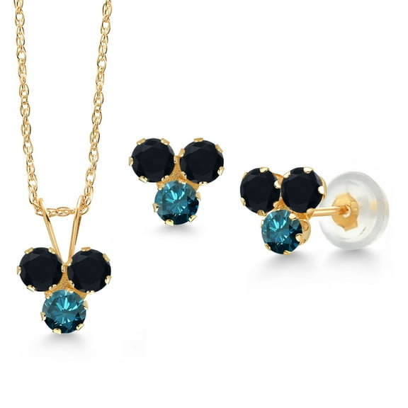 Gem Stone King 14K Yellow Gold Black Onyx and Blue Diamond 3-Stone Pendant and Earrings Jewelry Set for Women | 0.90 Cttw | Round 3MM | With 18 inch Chain