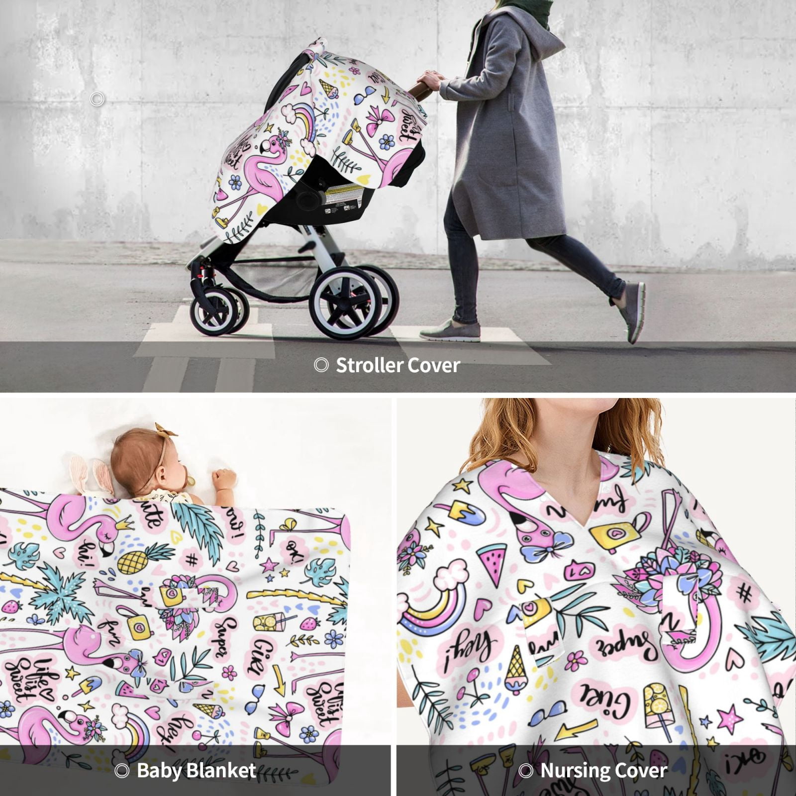 Car Seat Cover Baby - Summer with Flamingo Breathable Infant Car Seat Cover for Baby Carseat, Lightweight Comfort Baby Essentials Must Haves Newborn Stuff for Girl Boy