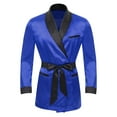 thumbnail image 3 of TiaoBug Mens Satin Smoking Robe Nightwear Pajamas Long Sleeve Kimono Bathrobe with Belt Royal Blue S, 3 of 7
