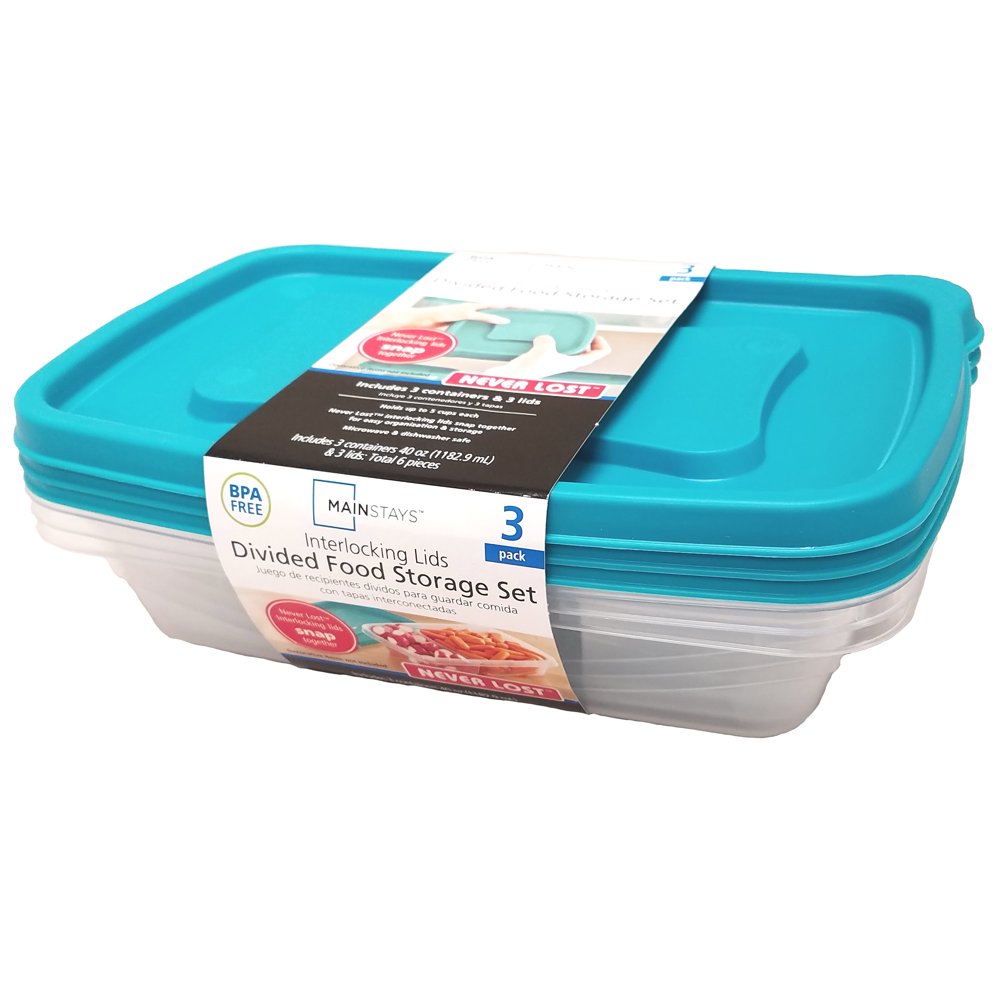 Mainstays Never Lost Divided Plastic Food Storage Containers, 3 PC Set, Blue Atoll